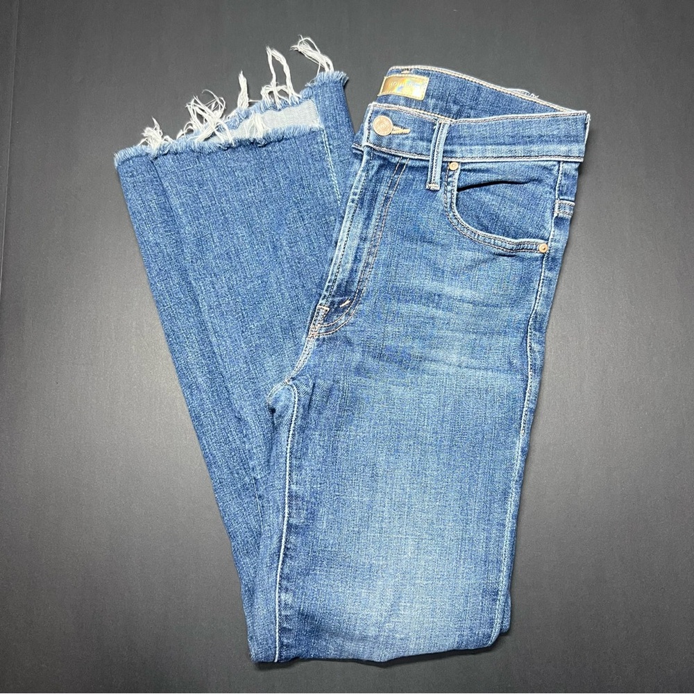MOTHER Blue Ankle Crop Jeans with Frayed Hem